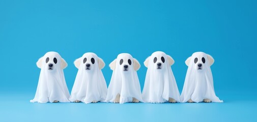 Fototapeta premium Five cute puppies dressed as little ghosts, perfect for Halloween pet costume promotions, playful animal-themed designs, or fun holiday marketing visuals