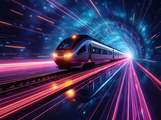 Fototapeta premium Train art with kirlian style glowing neon waves of light with surreal cosmic galaxy background
