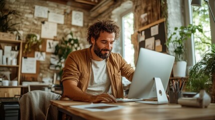 A cheerful man with a beard smiling while working on his computer in a cozy home office filled with plants and ample natural light, denoting satisfaction.