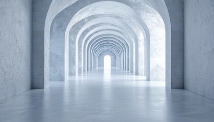 Obraz premium Frozen corridor with arched ceilings and icy surfaces, light at the end of the tunnel, perfect for sci-fi adventures, dystopian environments, or winter-themed worlds