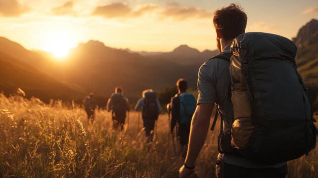 Backpackers with gear trek toward a setting sun over rolling hills, symbolizing the pursuit of discovery and the peacefulness found in natural settings.