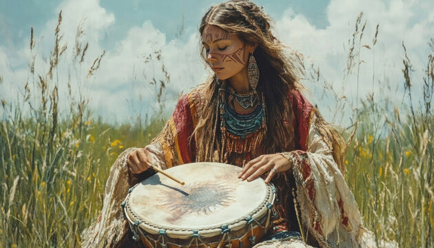 Shamanic woman is playing on shaman frame drum sitting in a field