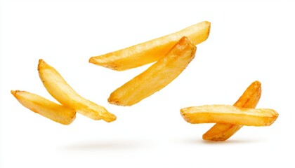 Group of golden French fries scattered in mid-air, isolated on white, vibrant and crispy, ideal for food packaging, snack branding, or fast food visuals