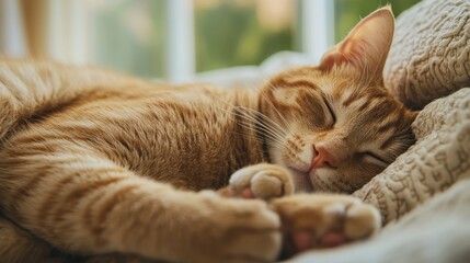 An orange cat is cozily asleep on a soft quilted bedspread, exuding relaxation and tranquility in a sunlit room, conveying an air of peaceful solitude.