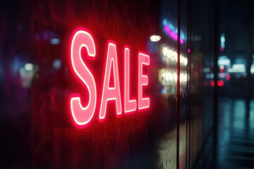 A glowing red neon sign with the words "SALE" in bold letters on a dark background of a blurred city