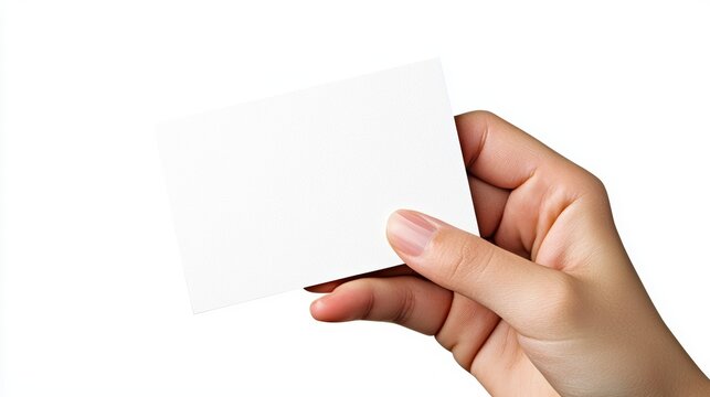 Hand presenting a blank card, clean white background, ideal for customizable business cards, contact information designs, or promotional material mockups