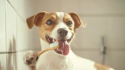 Happy puppy in the bathroom with a toothbrush, playful and cute moment, ideal for pet care brands, dental hygiene ads, or family-friendly marketing visuals