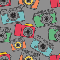 Seamless pattern background design, black white camera, photographer, lighting, abstract, grunge, vector art illustration design