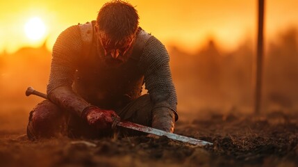 An armored warrior, gripping a sword, kneels in a battlefield at sunset, exuding themes of courage, struggle, and perseverance amidst a historical setting.