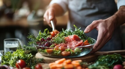 A vibrant, fresh salad featuring grapefruit, mixed greens, and a variety of vegetables. The dish is being prepared on a wooden board, evoking freshness and health.