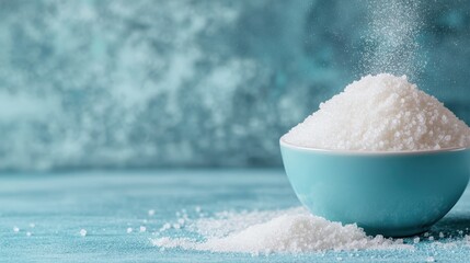 A heap of fine white sugar is elegantly presented in a light blue ceramic bowl, resting on a textured wooden table, against a soft, blurred blue background.