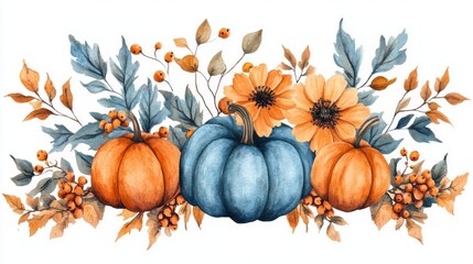 Naklejka premium Watercolor illustration of three pumpkins, two orange and one blue, with autumn leaves and flowers.