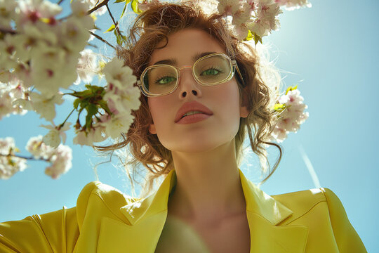 Portrait of a woman in a yellow outfit with glasses, surrounded by spring blossoms. A stylish, nature-inspired fashion look.