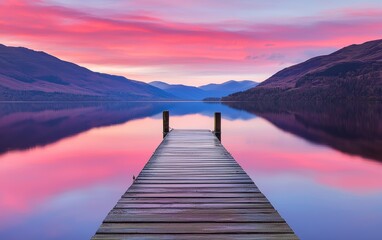 Fototapeta premium Long wooden dock stretching into a calm lake at sunset, vibrant pink and purple skies reflecting on the water, perfect for peaceful landscape photography or travel inspiration