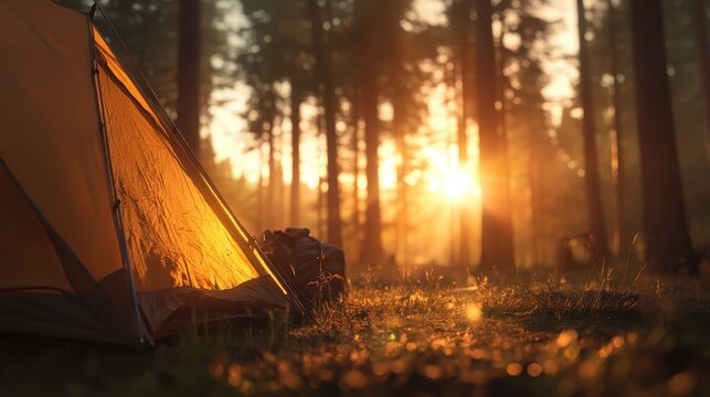 A morning camping scene in the forest features a tent lit from within, set against a beautifully lit forest at dawn, embodying tranquility and the joy of exploration.