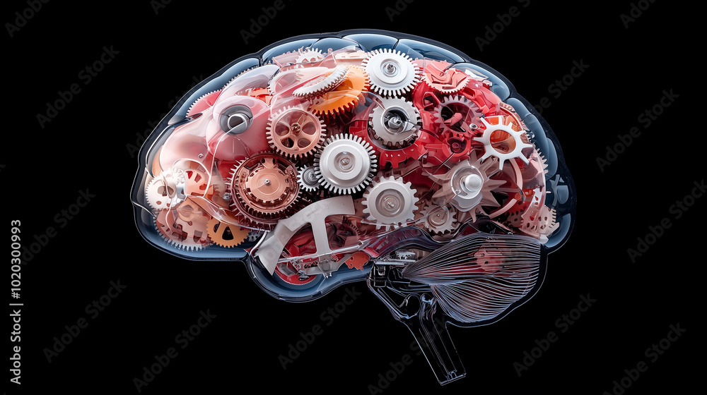 Aufkleber image features brain composed of colorful gears and cogs, symbolizing intricate thought processes and creativity. This vibrant representation evokes sense of innovation and complexity