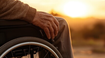 Obraz premium An elderly person in a wheelchair silhouetted by a golden sunset, symbolizing life's journey and peaceful reflection. The scene evokes warmth and tranquility.