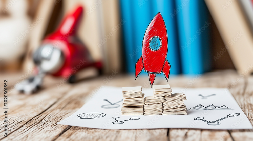 Aufkleber creative representation of red rocket launching from stack of ideas, symbolizing innovation and grow
