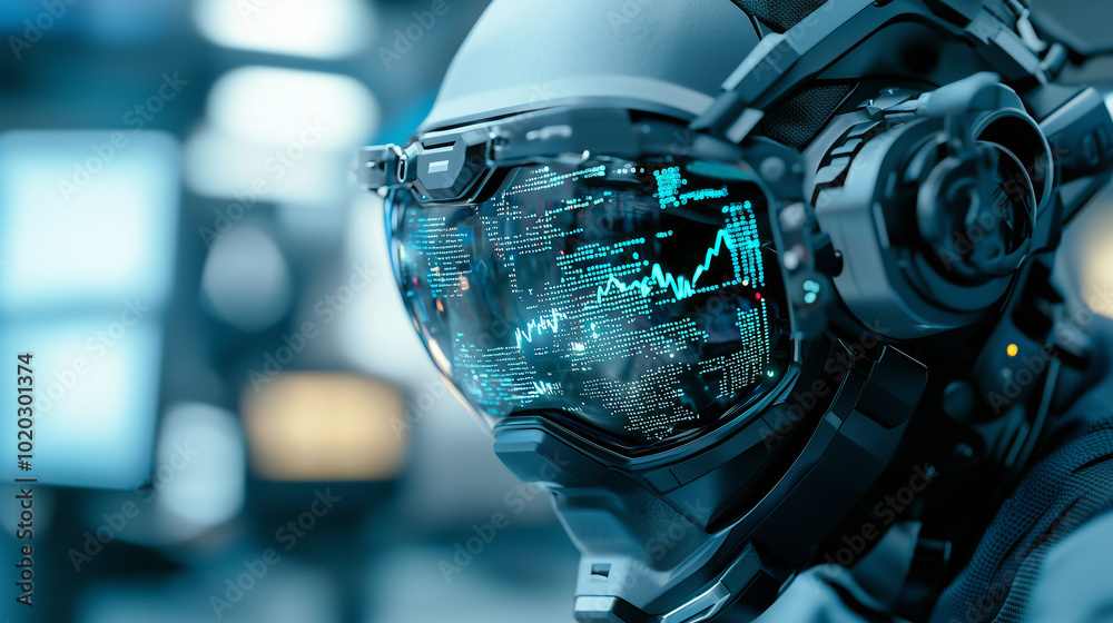 Poster futuristic robot face with helmet displays stock market charts reflected in its visor, symbolizing intersection of technology and finance. image evokes sense of innovation and advanced analytics