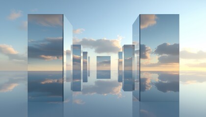 Fototapeta premium Modern glass skyscrapers extending into the horizon, reflecting clouds and sunlight, ideal for corporate advertisements, urban planning, or futuristic city visuals