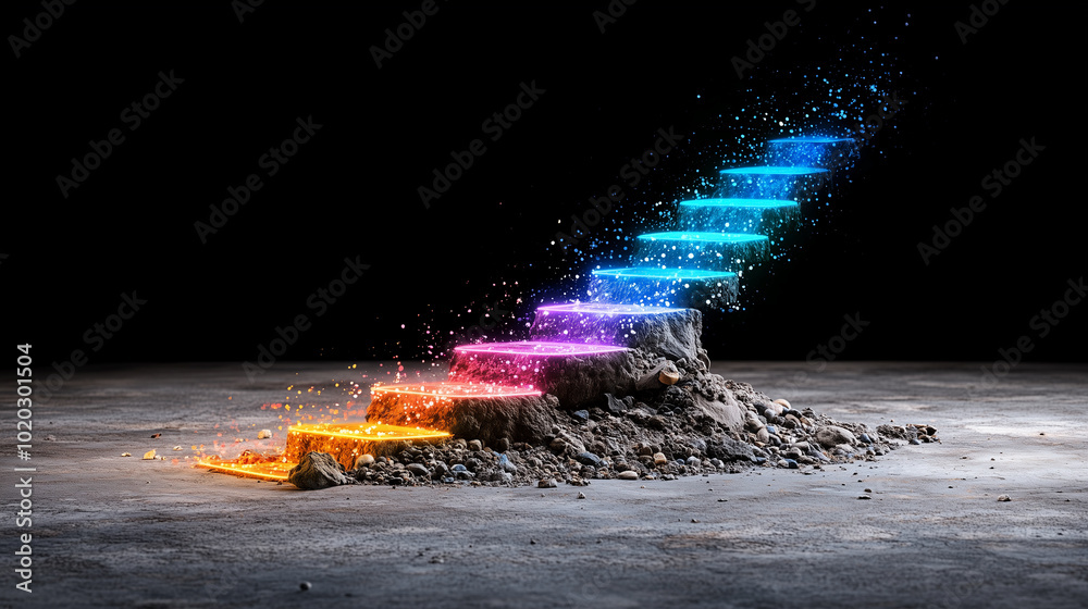 Aufkleber vibrant abstract staircase made of bright neon lines emerges from rocky base, leading upwards in cap
