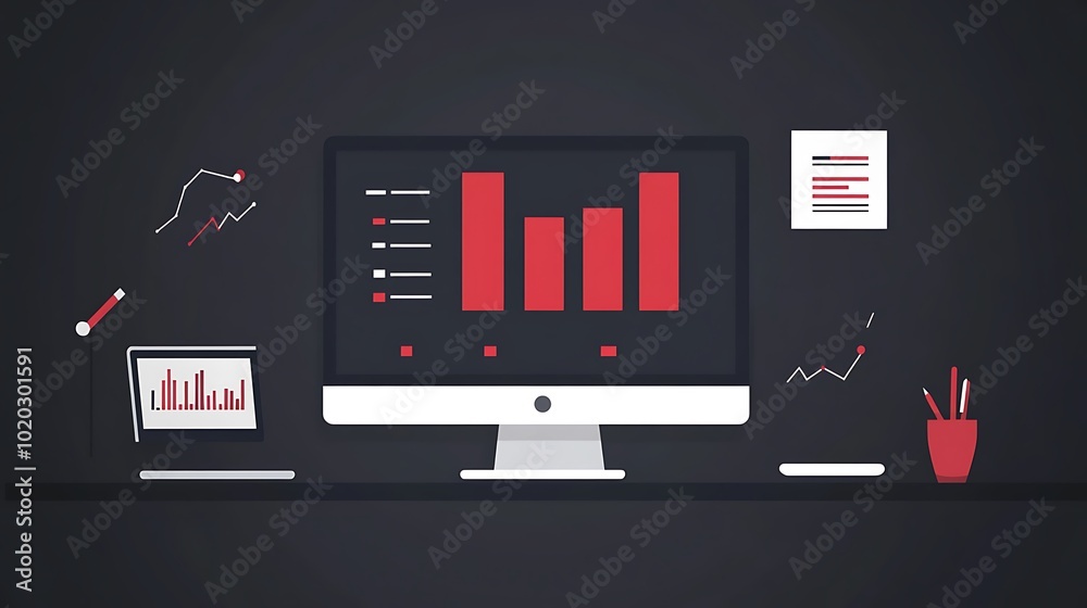 Poster modern office desk with computer displaying bar chart
