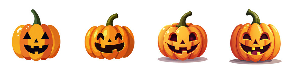 A set of isolated cartoon illustrations featuring different pumpkin faces. The pumpkins are all smiling and have different variations in their eyes and mouths.