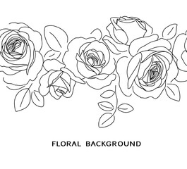 Abstract horizontal seamless pattern with line art roses. Decorative floral element for frame design. Vintage hand drawn flower and bud isolated on white background. Vector stock illustration