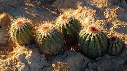 A variety of cacti growing in desert soil sunlight casting shadows on their spiky surfaces creating natural textures