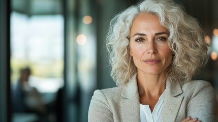 A woman with striking curly hair exudes confidence and poise, standing against a modern office backdrop, illustrating empowerment and leadership in the workplace.