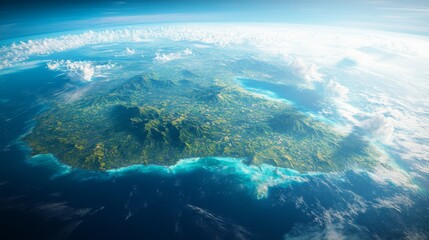 Aerial View of a Lush Island with Coastal Waters and White Clouds