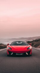 Fototapeta premium Sleek red sports car on an empty coastal road, sunset backdrop