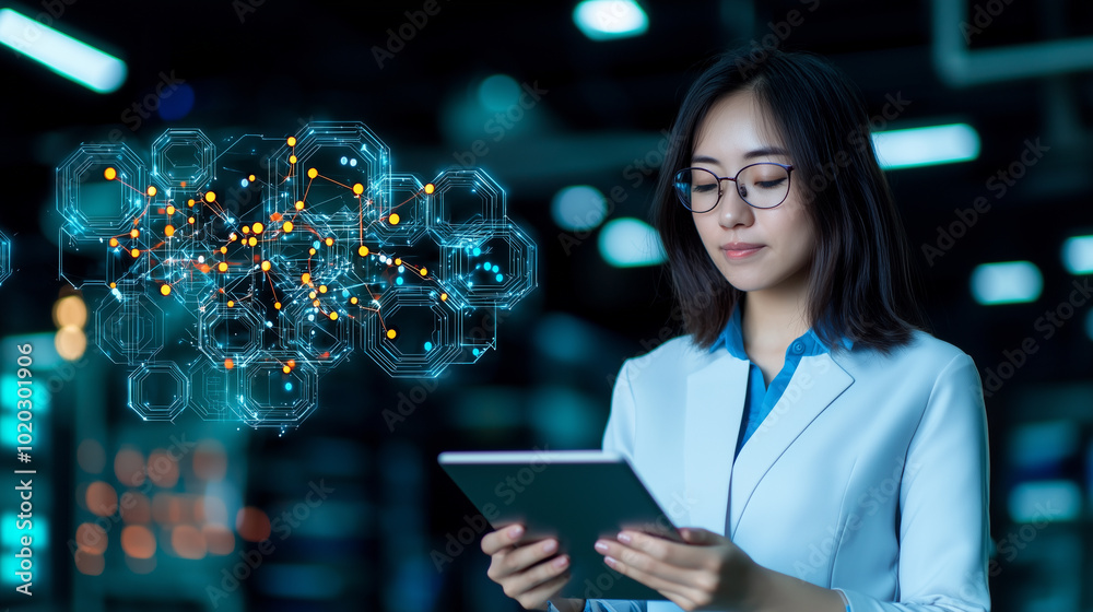 Poster innovative business woman sketching digital idea on tablet, surrounded by technology and data visual
