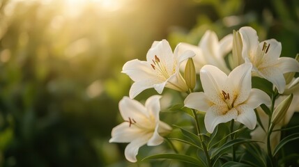 A vibrant display of white lilies bathed in morning sunlight, highlighting their delicate petals and lush greenery in a tranquil garden setting full of life and purity. © Larisa AI