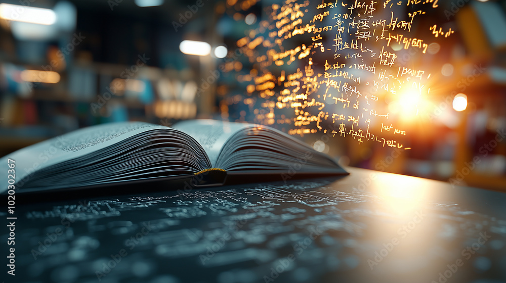Aufkleber open book rests on desk, surrounded by equations and mathematical symbols floating in air, creating sense of wonder and curiosity in classroom setting