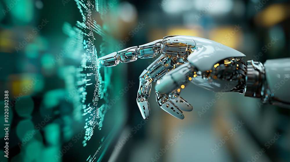 Poster close up of robotic hand reaching out to interact with digital interface, showcasing advanced technology and innovation. scene conveys sense of futuristic exploration and connectivity