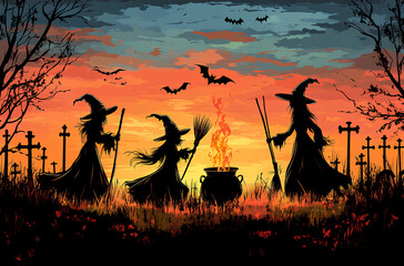 A silhouette of three witches, a cauldron, and a cemetery in the setting sun.