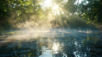 Naklejka premium Misty Morning Sun Rays Over a Forest River - Tranquil Nature Scene