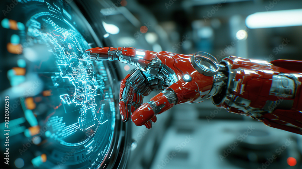 Poster close up of robotic hand interacting with futuristic digital interface, showcasing advanced technology and intricate design. glowing elements highlight sophistication of robotics