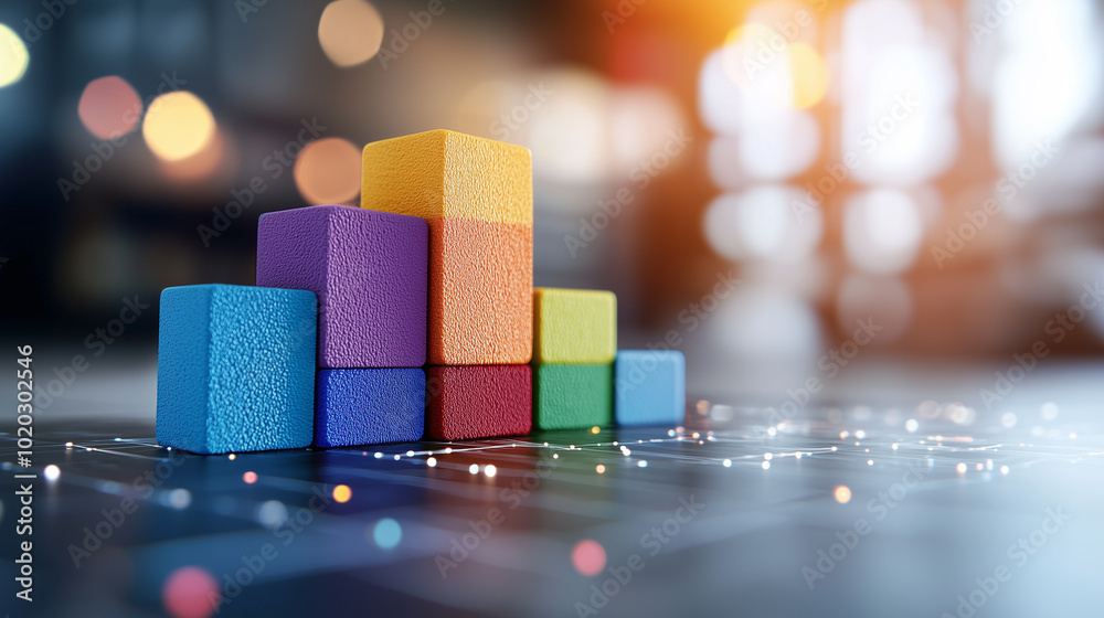 Poster Colorful blocks arranged in bar graph display represent creative business concepts and growth. vibrant colors and blurred background evoke sense of innovation and progress