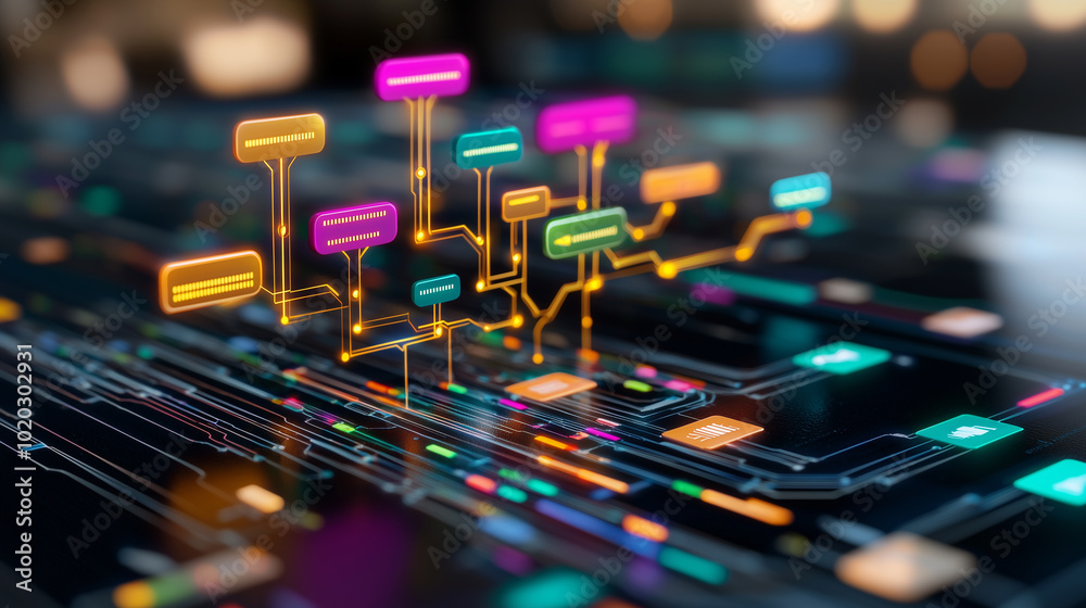 Poster Digital connections and vibrant icons create glowing abstract representation of technology and data flow. This captures essence of modern digital communication and innovation