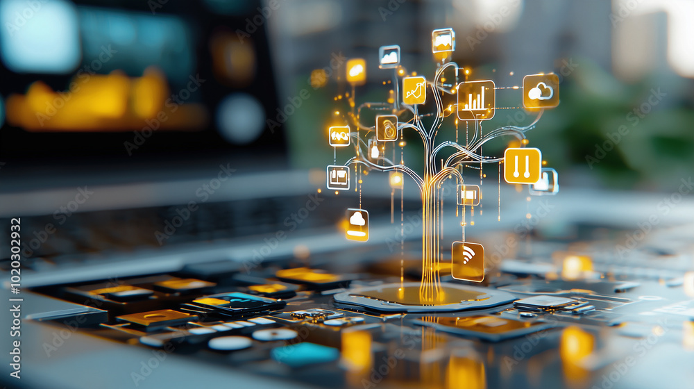 Poster glowing abstract tree made of digital icons symbolizes growth and connectivity in technology. This captures essence of innovation and digital transformation