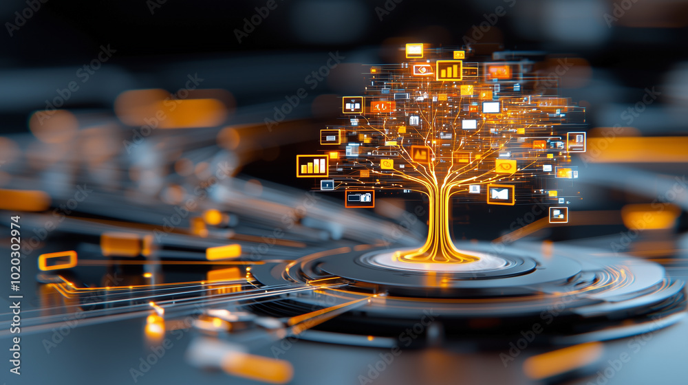 Aufkleber glowing abstract tree made of digital icons represents growth and technology, symbolizing connection between nature and digital innovation
