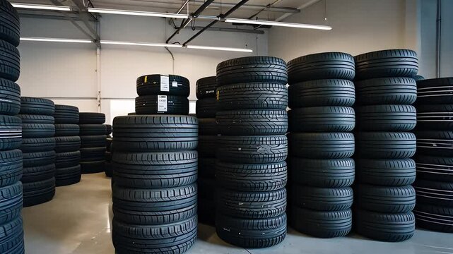 Piles of Car Tires Stacked in Warehouse Storage