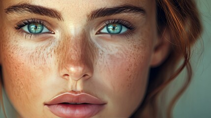 Fototapeta premium Close-up Portrait of a Young Woman with Freckles and Blue Eyes