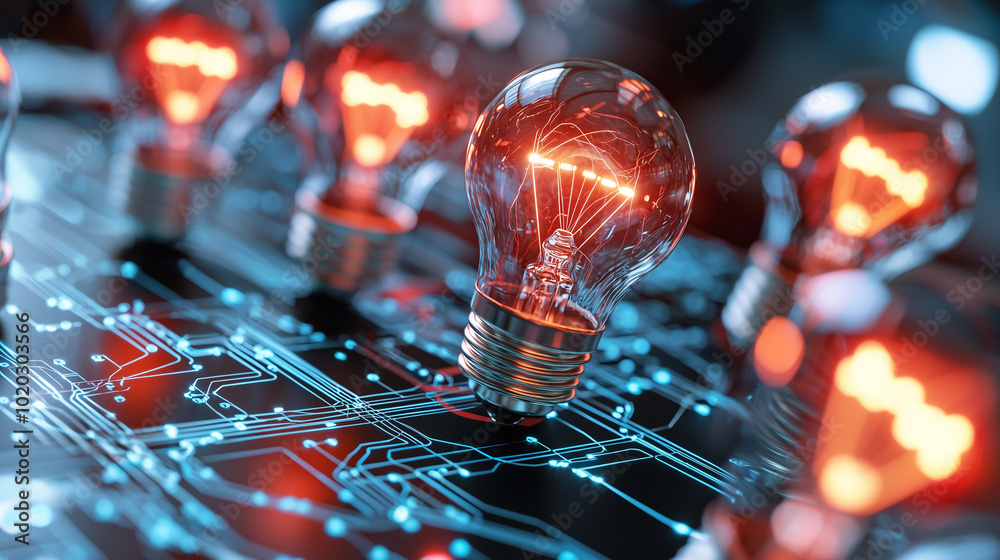 Aufkleber innovative light bulbs glowing on circuit board, symbolizing technology and creativity. vibrant illu