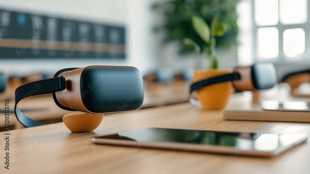 Aufkleber high tech classroom featuring virtual reality headsets and tablets, designed for modern learning exp