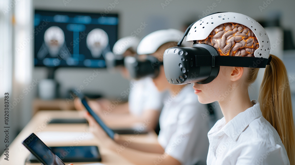 Poster innovative classroom featuring students using virtual reality headsets and tablets, enhancing their 
