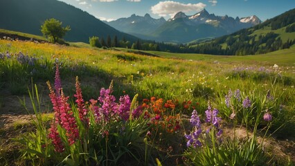 Obraz premium Sunny Spring Landscape with Blooming Wildflowers and Mountain Views