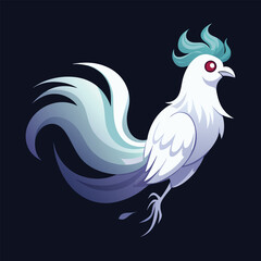 Obraz premium White Rooster with Teal Crest and Tail. A spooky silhouette of a rooster with a witch's hat and wings, surrounded by stars, Halloween themed designs, horror illustrations.